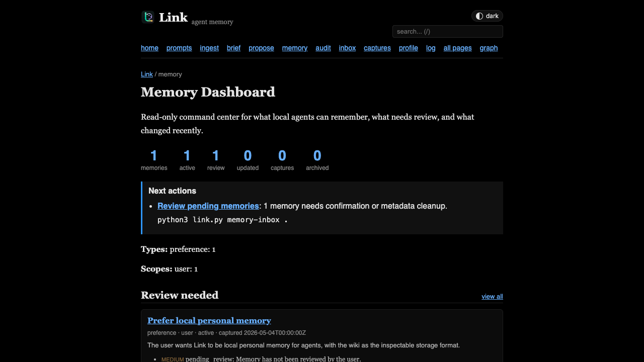 Link memory dashboard